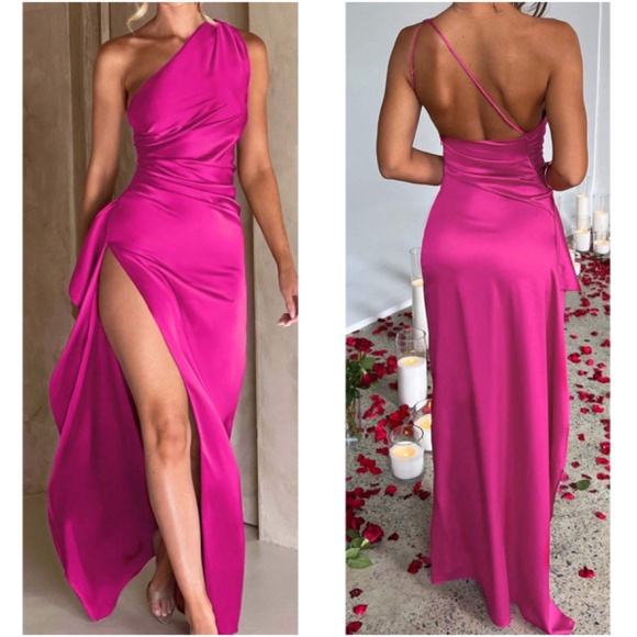 Luxe Hot Pink One Shoulder Satin Party Evening Prom Dress